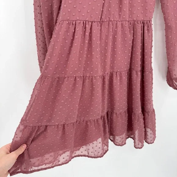 Trixxi Mauve Swiss Dot Tiered Mini Dress High Ruffle Neck Long Sleeve Women's M - Picture 4 of 13